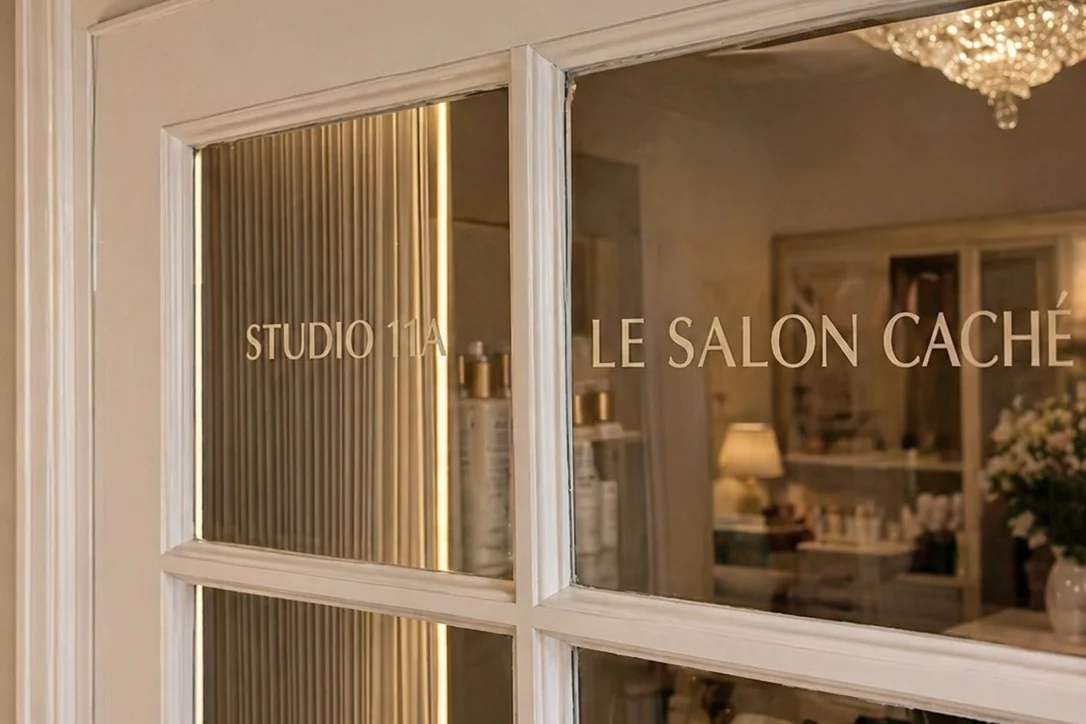 Gold signage reading Le Salon Cache and Studio 11A on the glass entrance of the Scottsdale skincare studio